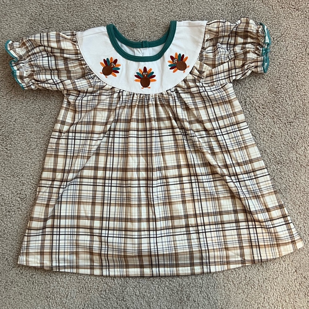 Thanksgiving Turkey Machine Embroidered Bishop Style Girls Dress